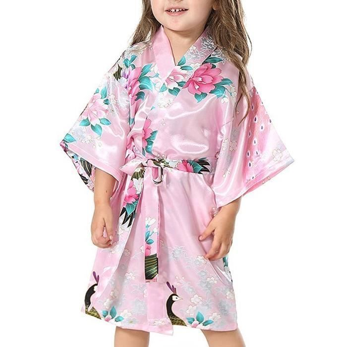 Kimono Robe Fille Enfant - Imprimé Paon Et Fleurs - Satin Léger - Pour Nuit, Spa, Mariage, Anniversaire - Taille