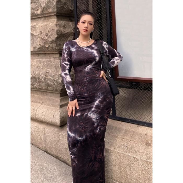 Robe longue fluide femme imprimée avec manches longues col en V