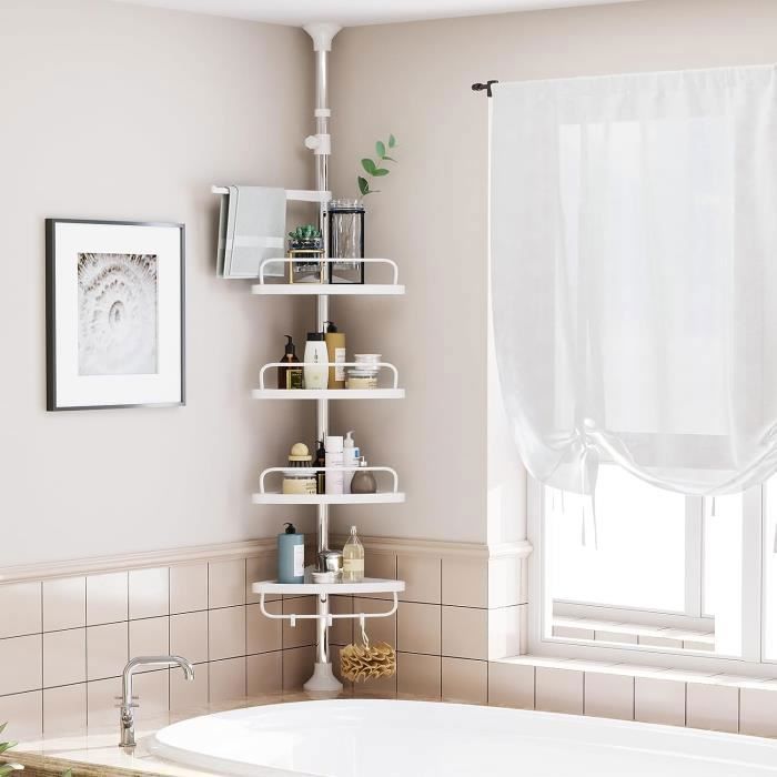 SONGMICS Étagère de Douche Réglable en Hauteur, Hauteur Totale 95-300 cm, en INOX, 4 Niveaux, 3 Crochets, Argent et Blanc