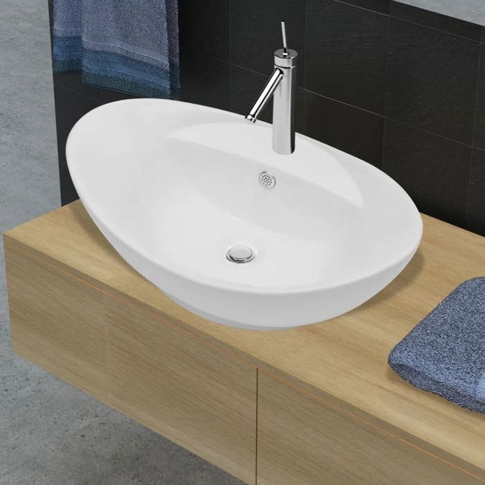 vidaXL Lavabo Ovale Céramique Trou de Robinet Salle de Bains Lave-mains Vasque 140678