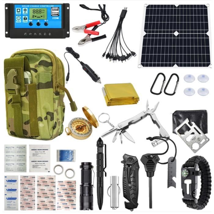 Kit de survie 40 en 1 planche de camping en plein air randonnée outils de survie d'urgence avec 25W Kit de Panneau Solaire