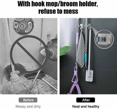 Lot De 2 Supports Muraux Adhésifs Pour Balai Et Balai Avec Crochets Organiseur Mural Pour Balai Et Balai Pour Maison Cuisine Et Garage