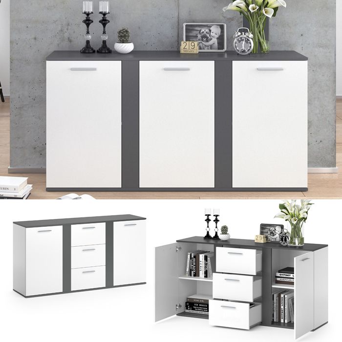 Commode Nautica Vicco – 5 Tiroirs, Meuble Bas Buffet, Couleur Anthracite Et Chêne, 138x40x82 Cm