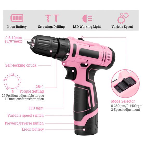 Perceuse-visseuse Sans Fil 12V, Visseuse Sans Fil, Sac De Rangement, 20Nm, Perceuse-visseuse Rose Pour Bricolage