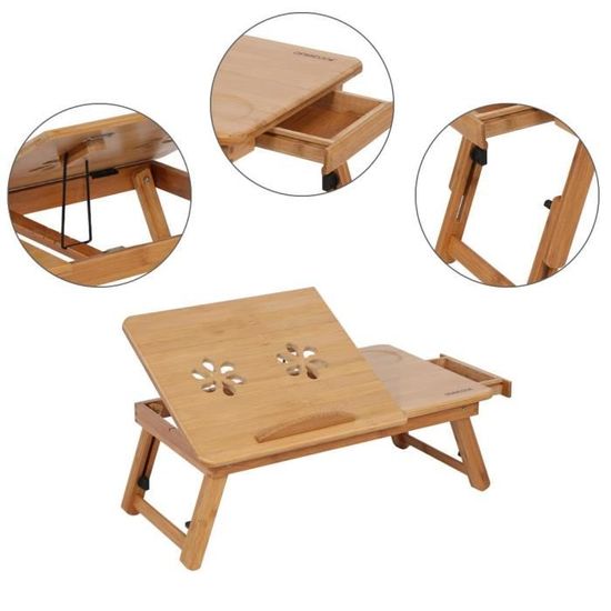 Table De Lit Pliable En Bambou - Plateau Inclinable, Tiroir - Pour Ordinateur Portable, Lecture, Repas Au Lit