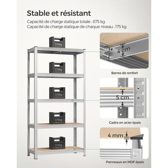 G-Rack Étagère Rangement en Acier Galvanisé 5 Niveaux de 175 kg Garage