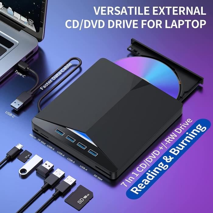 Lecteur De CD DVD Externe, USB 3.0 Et Type-C 7 en 1, Graveur De CD-DVD ...