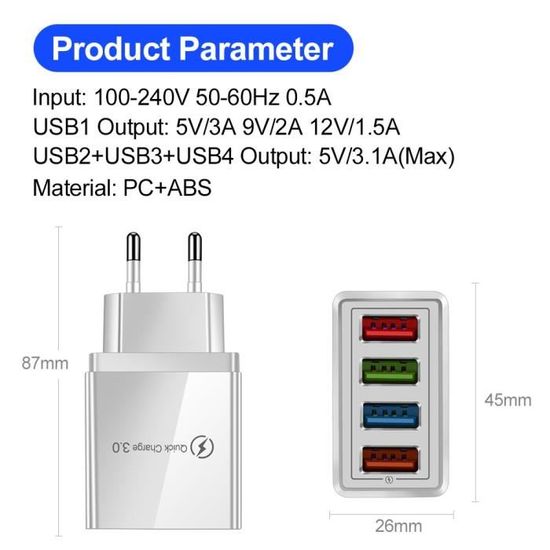Chargeur USB Charge rapide 3.0 pour iphone 12 pro max 12 mini Samsung S10 ...