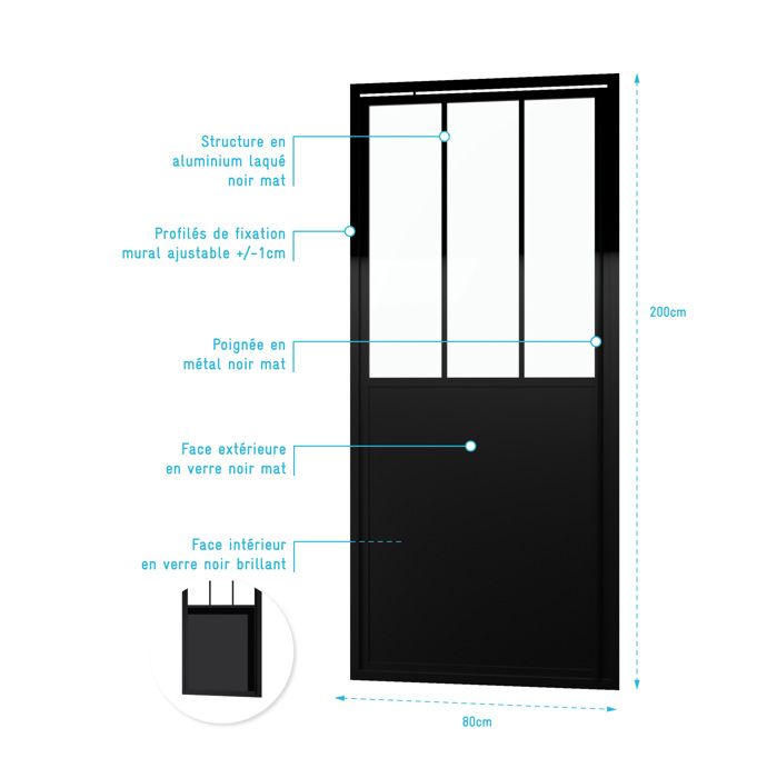 Porte de douche pivotante 80x200cm type atelier-Profilés noir mat