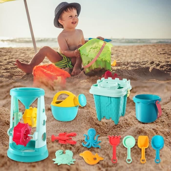 Set De 14 Jouets De Plage Pour Enfants – Seau, Arrosoir, Moules Animaux, Pelles, Râteau + Sac Filet