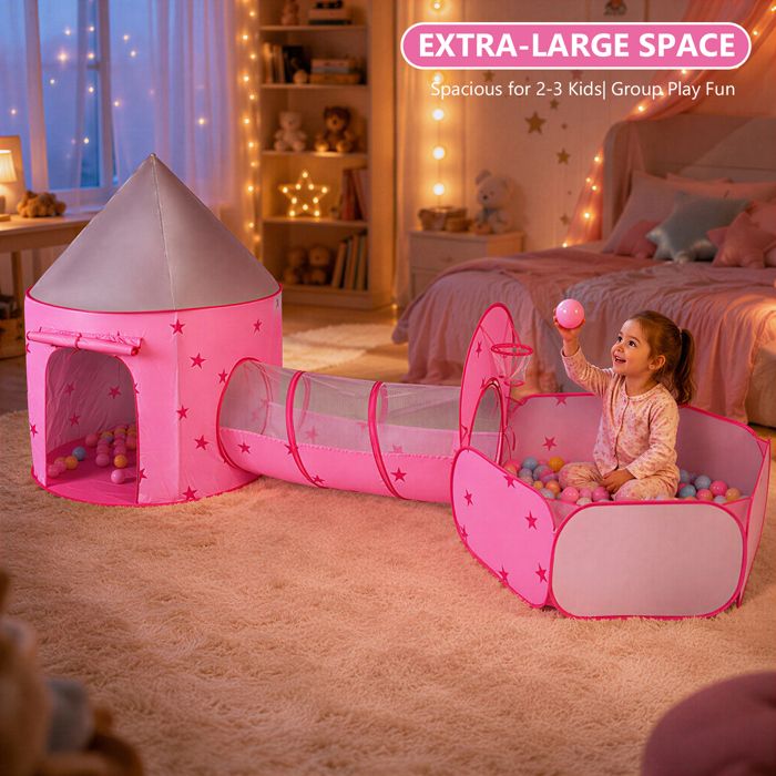 Tente Et Tunnel 3 En 1 Princesse Rose – Château + Tunnel + Piscine à Balles – Intérieur/extérieur – Dès 3 Ans