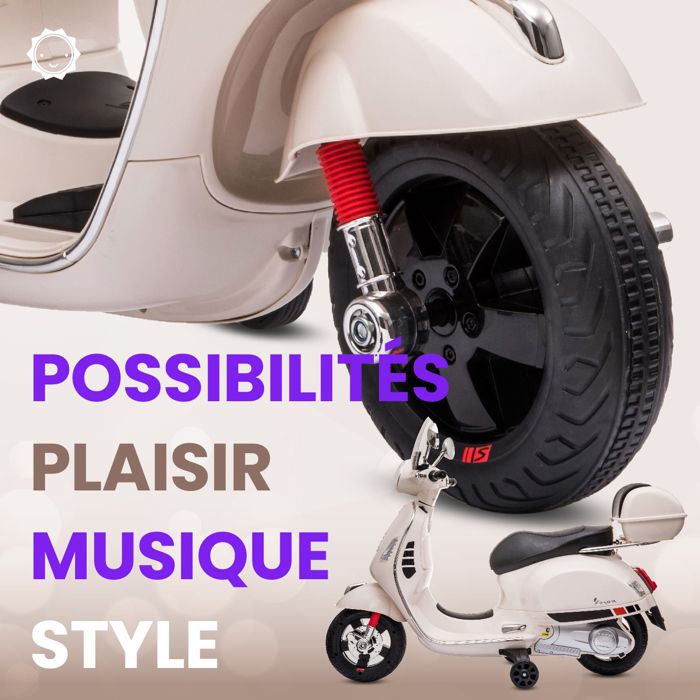 Scooter Électrique Enfant HOMCOM Vespa 6V - Moto Porteur 3-6 Ans Avec Musique, Phares Et Roues Auxiliaires Blanc