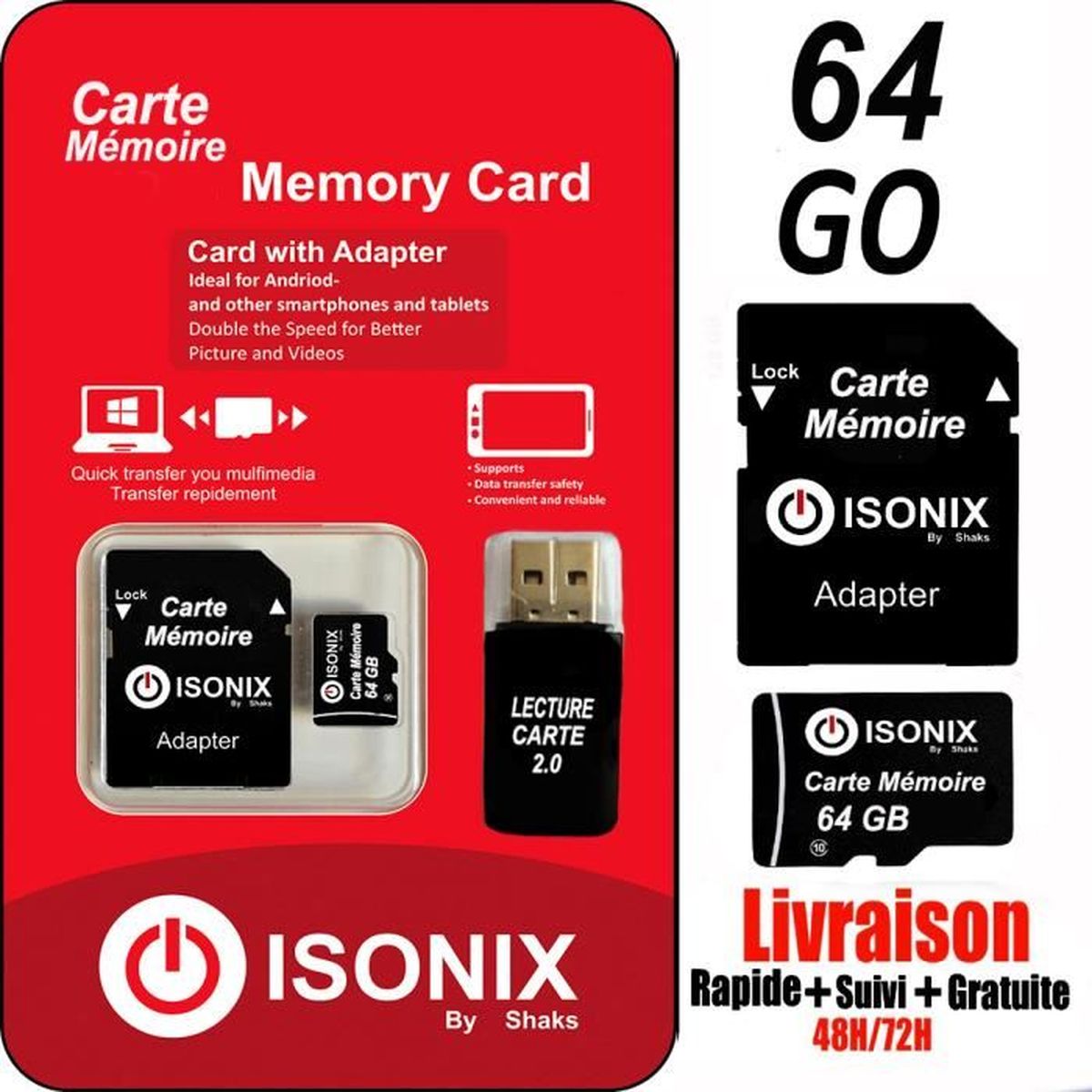 Carte mémoire MicroSD 64Go Auanoz Micro SDXC Classe 10 UHS-I Carte mémoire Haute Vitesse pour téléphone avec Adaptateur Bleu-64gb Tablette et PC 