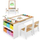 COSTWAY Ensemble Table Enfant 3 en 1 et 2 Chaises-6 Bacs de Rangement-Plateau Relevable-Rouleau de Papier & Gobelets à Peinture