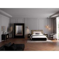 Chambre complète 160x200 Noir brillant/Or - NAHESA - Noir - Bois - Cadre de lit : L 168 x l 215 x H 112 cm - Armoire : L 162 x l 53