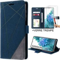Coque + 2 Verres Trempé pour Samsung Galaxy S20 FE, Coque Effet Cuir Bleu Marine