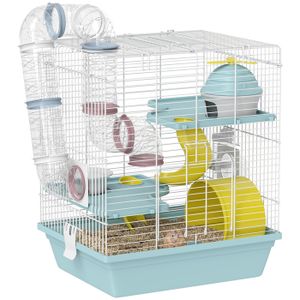 Cage hamster - PawHut - 3 niveaux - avec roue d'exercice, tunnel de jeu, gamelle, cabane, échelle - 34,5 x 27,5 x 41 cm - bleu