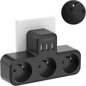 MULTIPRISE Multiprise électrique murale 3 prises et 3 ports USB 6 en 1 - TESSAN - Noir - Parafoudre - Interrupteur
