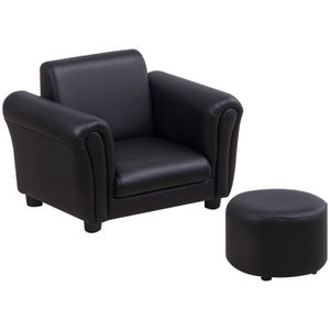 Ensemble Fauteuil Et Pouf Enfant HOMCOM - Structure Bois, Revêtement PVC Noir, Confortable Et Facile à Entretenir