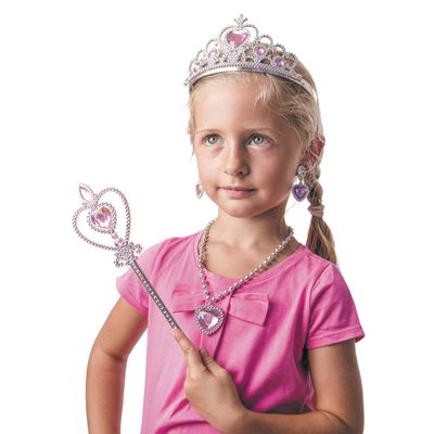 Coiffure Princesse 5 Pièces – Couronne, Baguette, Collier Et Boucles D’oreilles – Set Scintillant Pour Fille, Fête Et Carnaval – Taille Unique