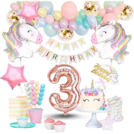 Decoration Anniversaire Licorne Fille, Kit Anniversaire Bleu Violet Rose Avec 3D Feuille