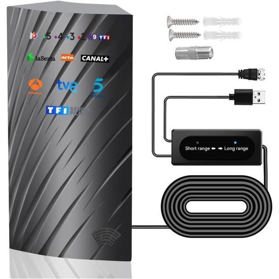 Antenne TV 39DBI Portée 480 Km - Intérieur/extérieur Avec Câble Coaxial 10m, Amplificateur Signal, Pour TNT HD 4K DVB-T2