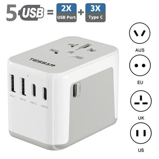 Adaptateur Prise Anglaise Adaptateur De Voyage Universel VOOMY - 28W Avec 3 USB-C Et 2 USB-A