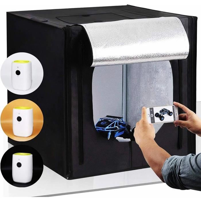 AMZDEAL Studio Photo - 50x50x50cm Boîte de Lumière - 5500K Tente Portable Pliable - 2 LED Bandes - 3 Fonds -Blanc-Noir-Orange