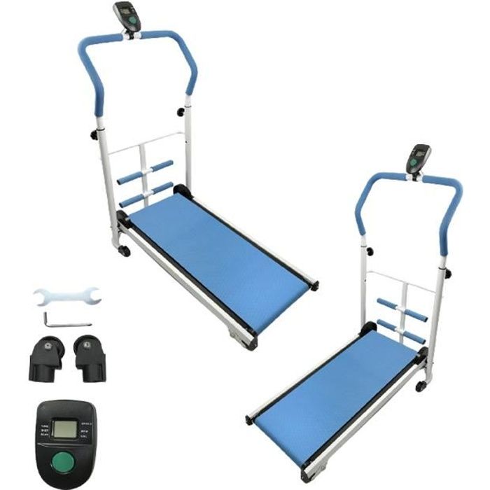 Tapis de marche Fitness Bleu, Tapis de course mécanique avec barre de sit-up - écran LCD