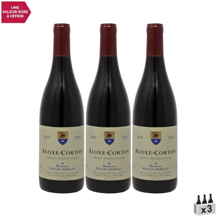 Aloxe-Corton Rouge 2018 - Lot de 3x75cl - Domaine Follin-Arbelet - Vin AOC Rouge de Bourgogne - Cépage Pinot Noir