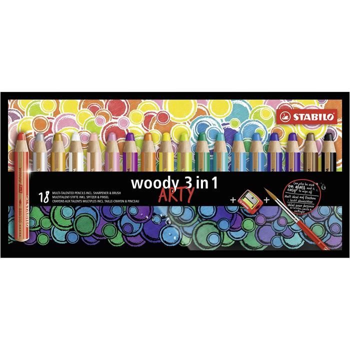 Loisirs Créatifs STABILO Woody 3 en 1 - Crayon aquarellable, crayon de couleur et craie grasse 18er Pack mit Spitzer und 961