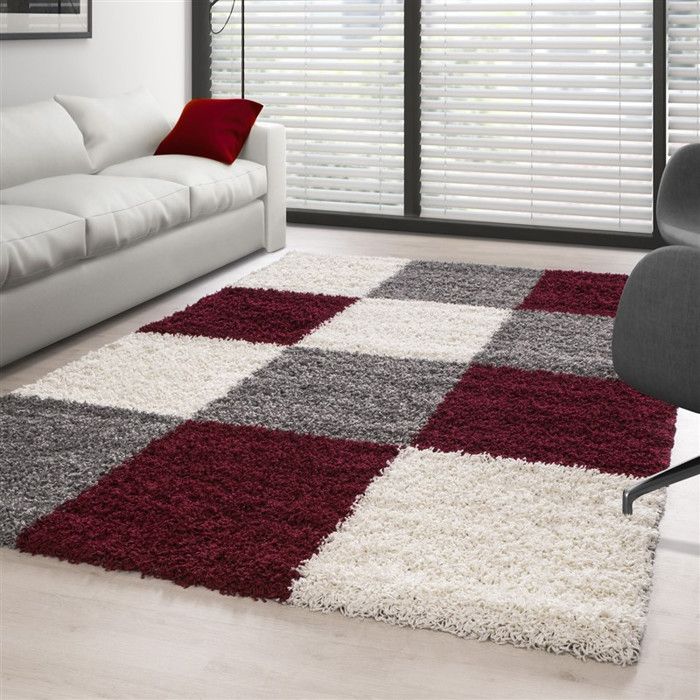 Tapis Shaggy pile longue à carreaux plusiuers couleurs et tailles au choix (120x170 cm - Rouge-Blanc-Gris)