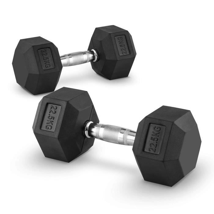CAPITAL SPORTS Hexbell - Paire d'haltères courts pour musculation, cross-training… (caoutchouc résistant, prise chromée) - 2x 22,5kg