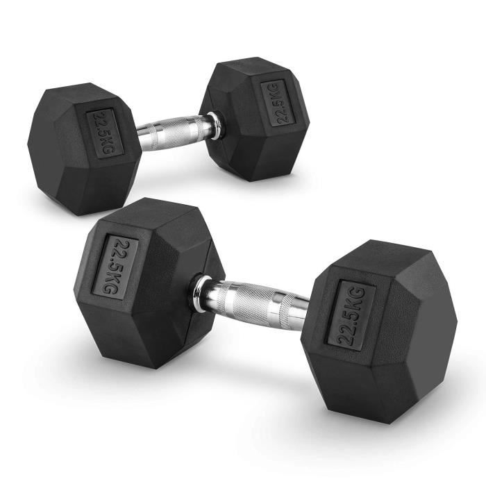 CAPITAL SPORTS Hexbell - Paire d'haltères courts pour musculation, cross-training… (caoutchouc résistant, prise chromée) - 2x 22,5kg