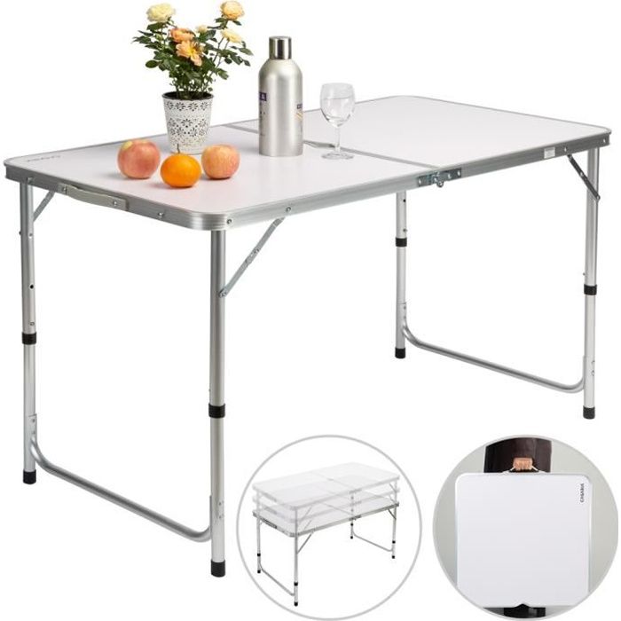 Table de camping blanc aluminium MDF pliable avec poignée transport 120x60x70cm coffre table de jardin réglable hauteur 3 niveaux