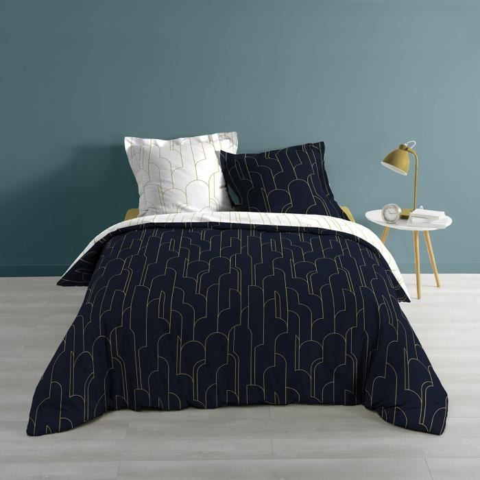 Housse de couette 220x240 + 2 taies Doméa marine or coton 57 fils Bleu