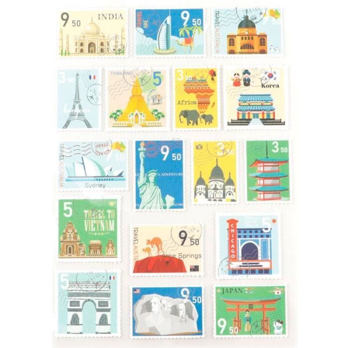 51 stickers en forme de timbres - pays 3 cm