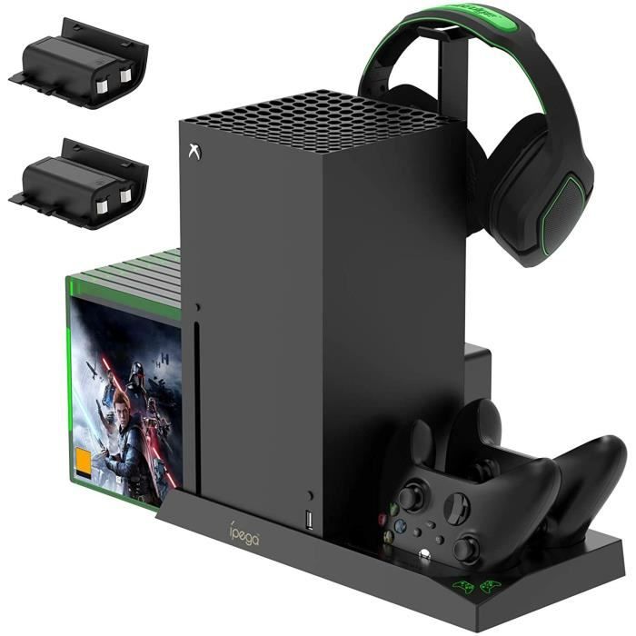 Support Console pour Xbox Series X, Ventilateur de Refroidissement avec Batteries Rechargeables 2x1400mAh et Station de Charge