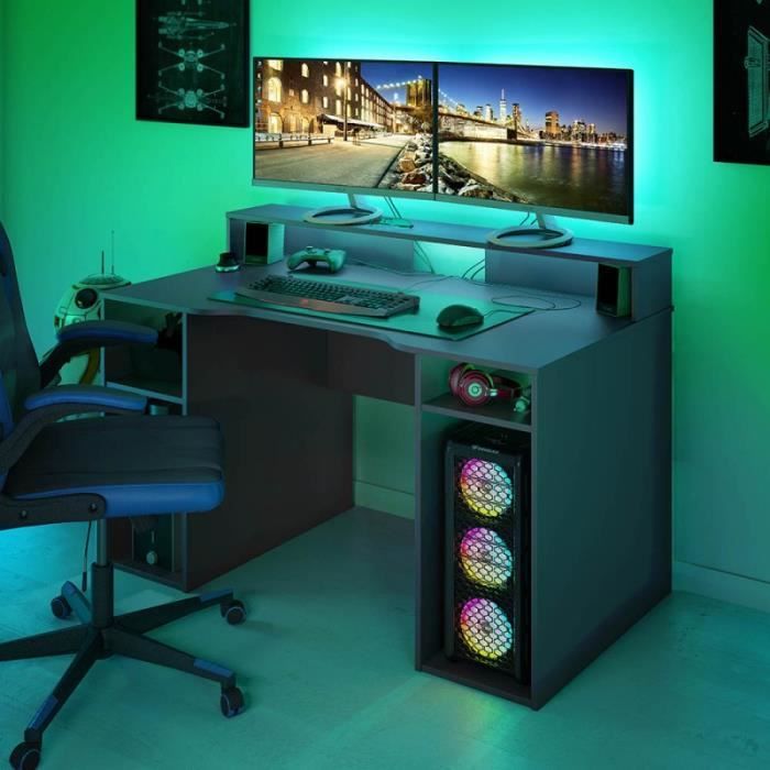 Bureau Gaming OZIS 136 cm. Bureau Ergonomique pour Jeux-Video et télétravail. Couleur Gris