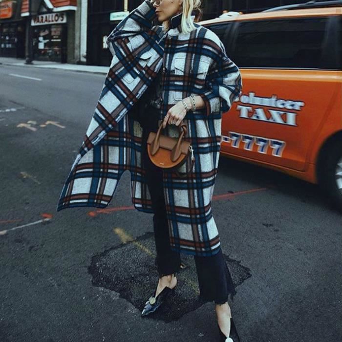 Trench Femme Décontracté Plaid Lâche @Bleu