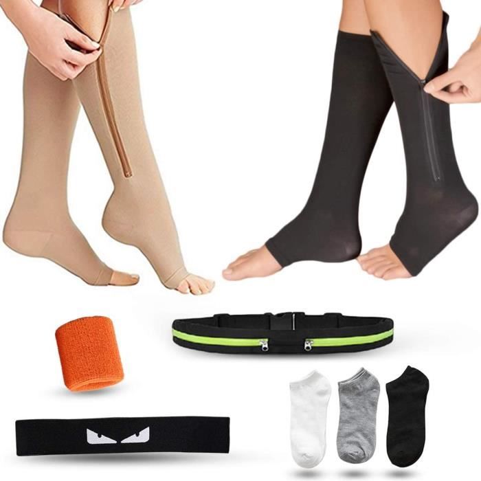 Genouillère à bout ouvert, 2 paires de chaussettes de compression avec fermeture éclair, sac à dos, foulard, bracelet et trois paire