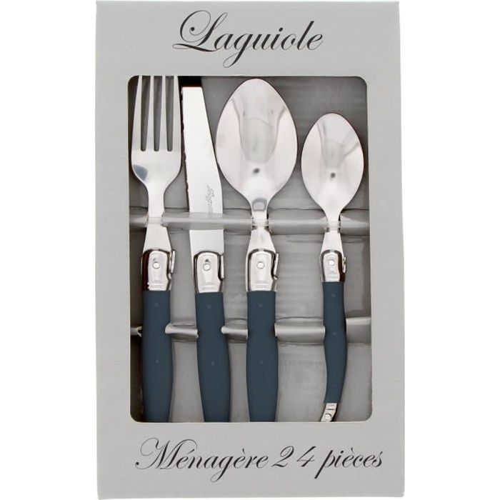 Pradel Excellence 7214Gu-24 Menagere Laguiole Gris 24 Pieces Manche Postiche - Acier Inoxydable - 6 Couteaux, 6 Fourchettes, 6 C