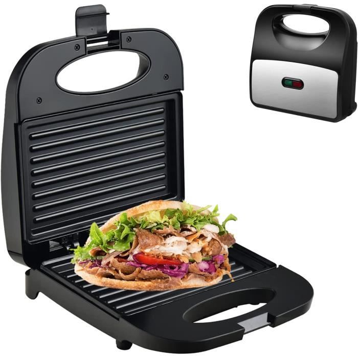 RELAX4LIFE Appareil Panini Grill Électrique avec 2 Plaques Antiadhésives, Poignée Isolée + Boucle et Indicateur, 22x22x8cm, Noir