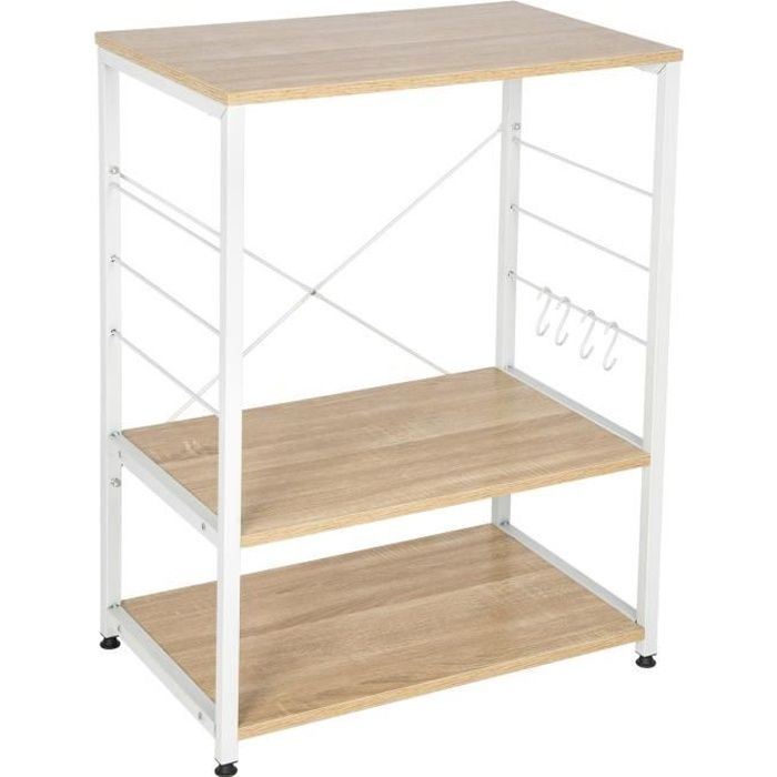 WOLTU Étagère four à micro-ondes,étagère de cuisine en bois massif et cadre avec de l’acier,60x39x74cm, Blanc+chêne clair