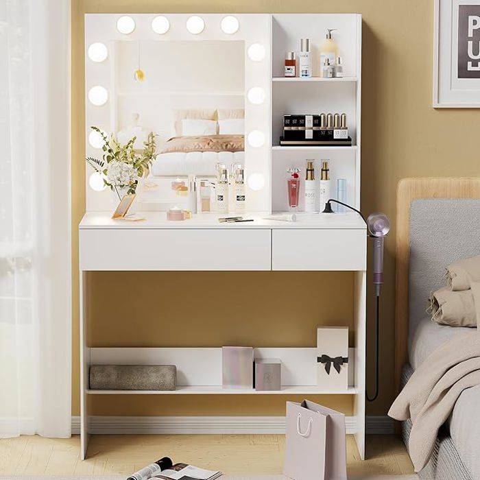 Coiffeuse Avec Miroir Led à Luminosité Réglable.table De Maquillage 110x39 5x140 5cm Blanc