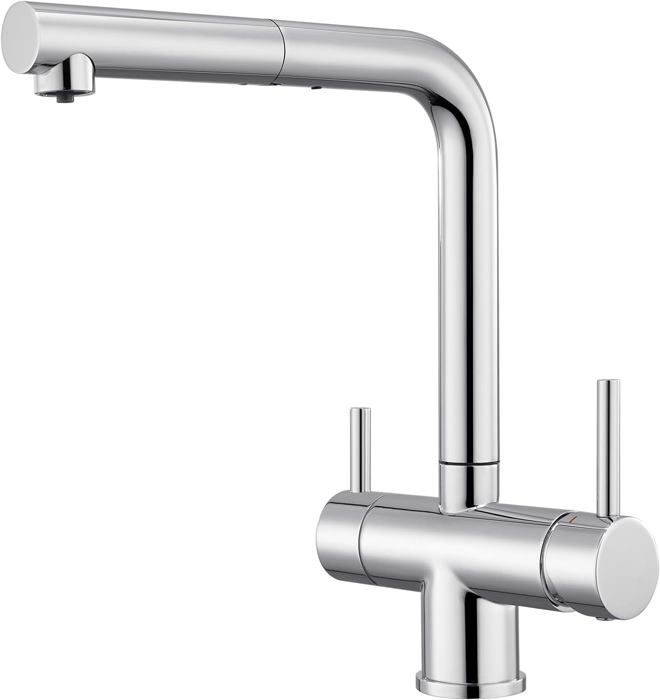 Robinet Cuisine 3 Voies SJQKA – Mitigeur Évier Avec Douchette Extractible, 2 Becs, Eau Potable Filtrée – Chromé
