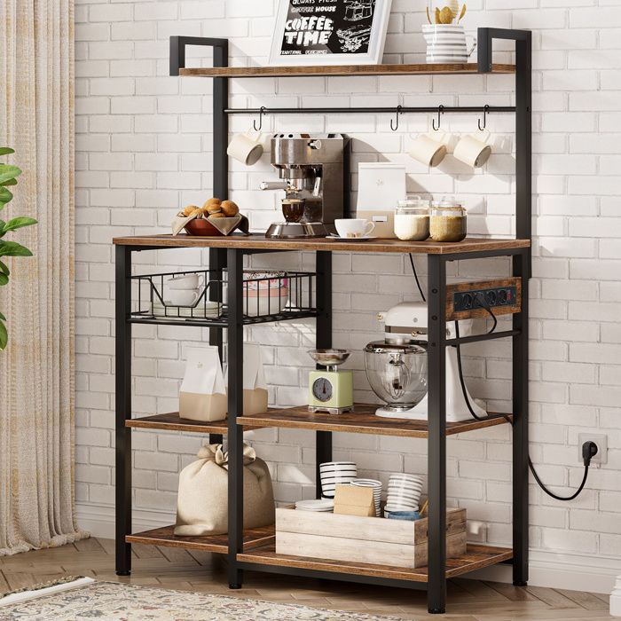 Étagère de Cuisine-HOOBRO-Desserte de cuisine avec Multiprise-Meuble Cuisine pour ustensiles-90 x 40 x 132 cm-Marron
