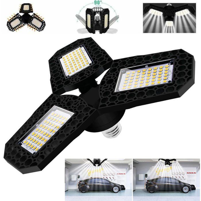 Éclairage de Garage à LED 60W Ampoule de Plafond Déformable E27 Avec 3 Panneaux Réglables Blanc Froid-pour Garage Atelier Entrepôt