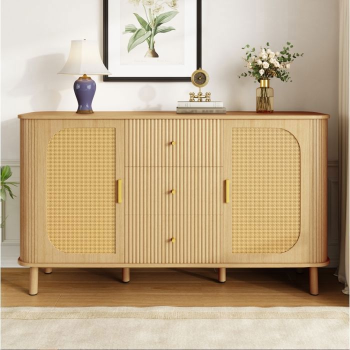 Buffet 2 portes et 3 tiroirs Bahut Buffet de salon Meuble bas de rangement MDF et cannage en rotin naturel 140x40x80 cm