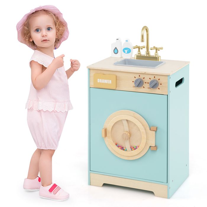 COSTWAY Jeu dimitation de Machine à Laver en Bois avec Détergent à Lessive Évier Tiroir et Roue Rotative pour Enfants 3 Ans+ COSTWAY Jeu dimitation de Machine à Laver en Bois avec Détergent à Lessive Évier Tiroir et Roue Rotative pour Enfants 3 Ans+